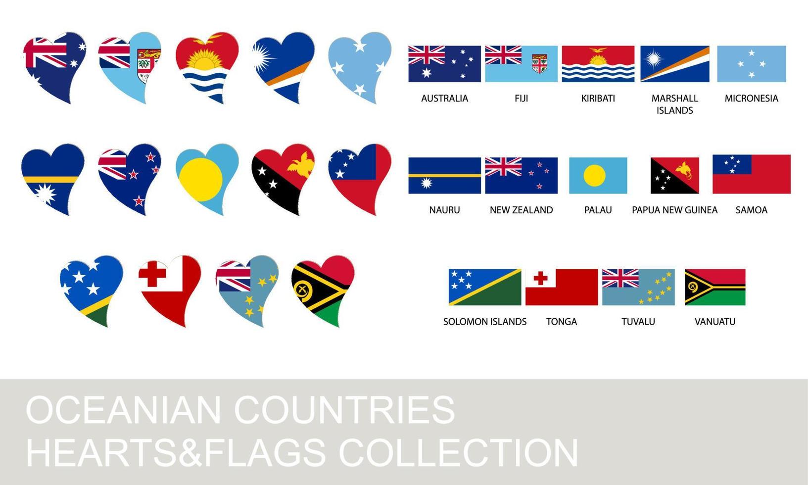 Conjunto de países de Oceanía, corazones y banderas. vector