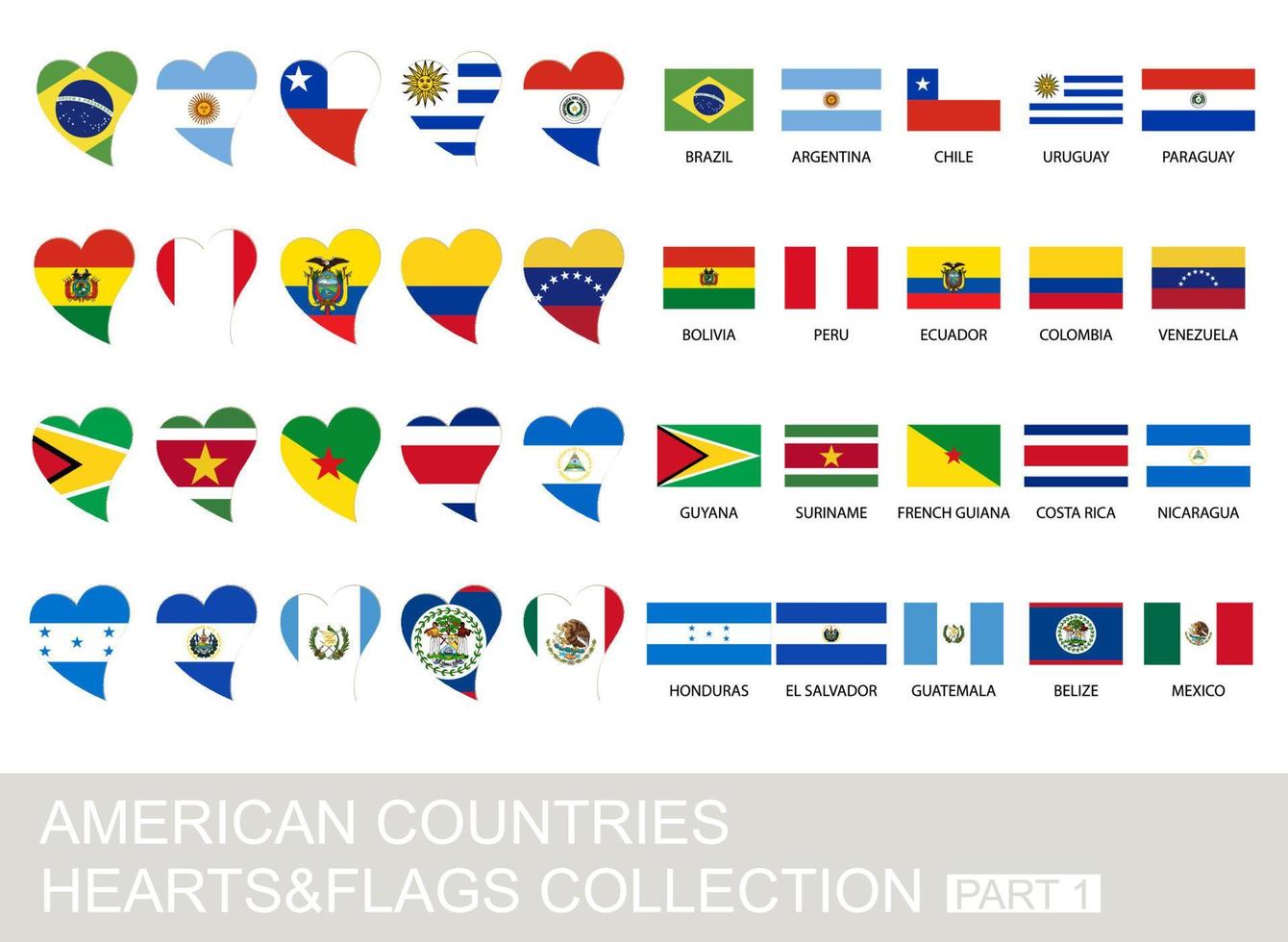 American countries set, hearts and flags, part 1 vector