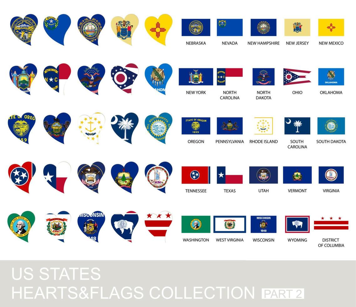 US states set, hearts and flags, part 2 vector