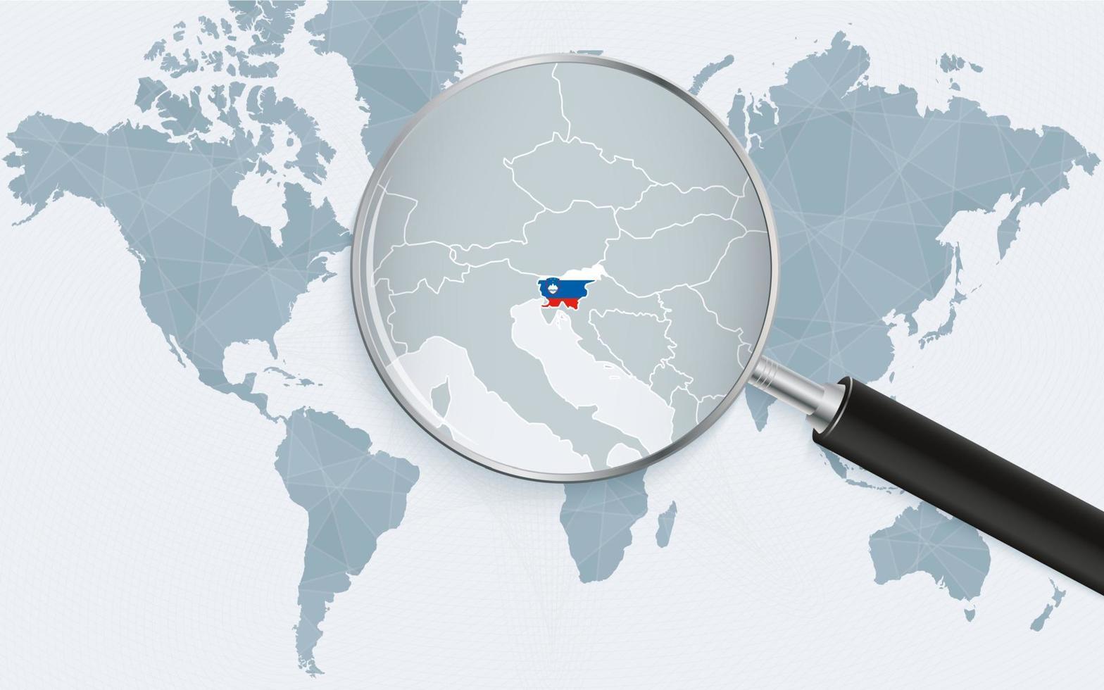 World map with a magnifying glass pointing at Slovenia. Map of Slovenia with the flag in the loop. vector