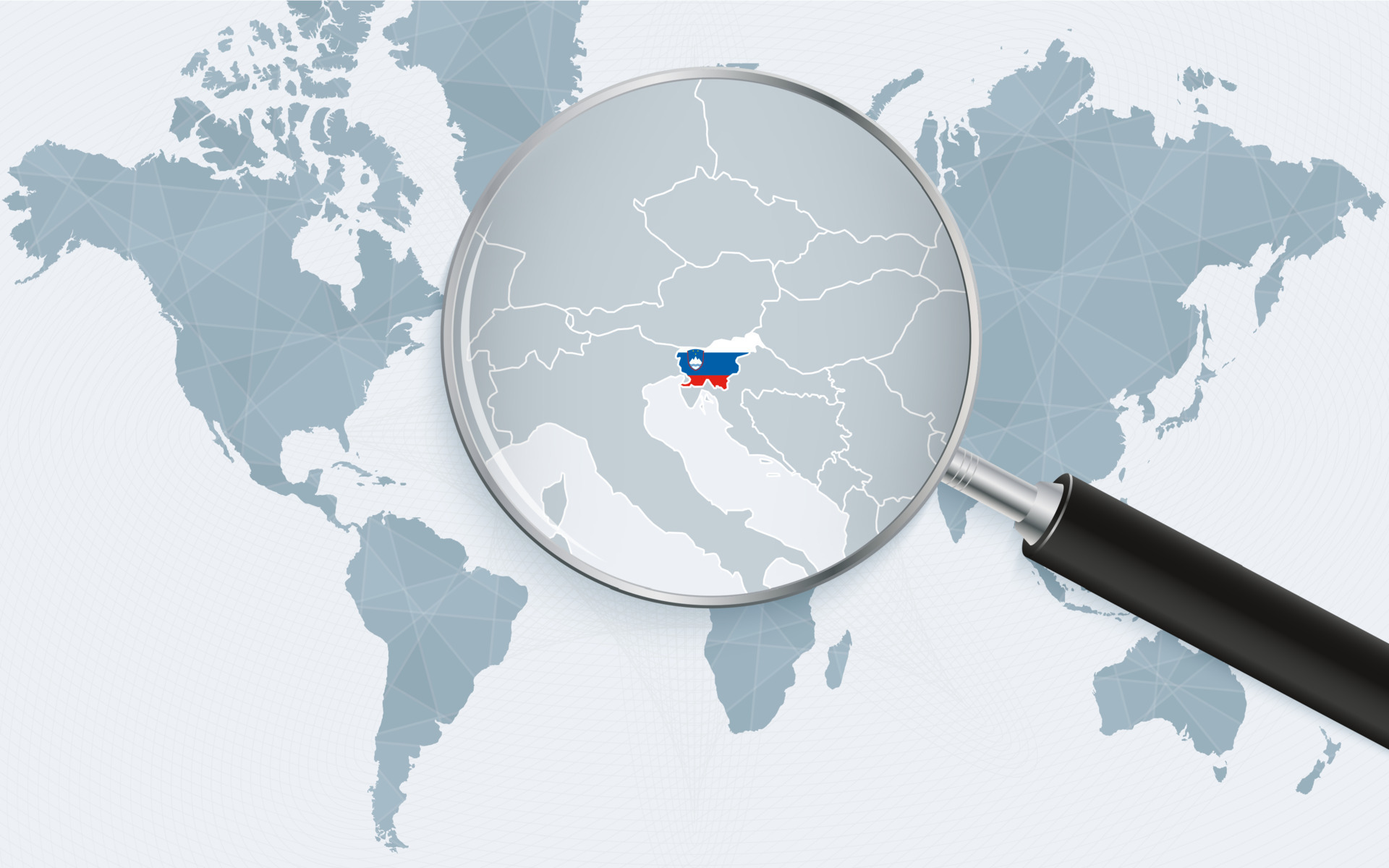 World Map With A Magnifying Glass Pointing At Slovenia Map Of Slovenia World Map With A Magnifying Glass Pointing At Slovenia Map Of Slovenia With The Flag In The Loop Vector 