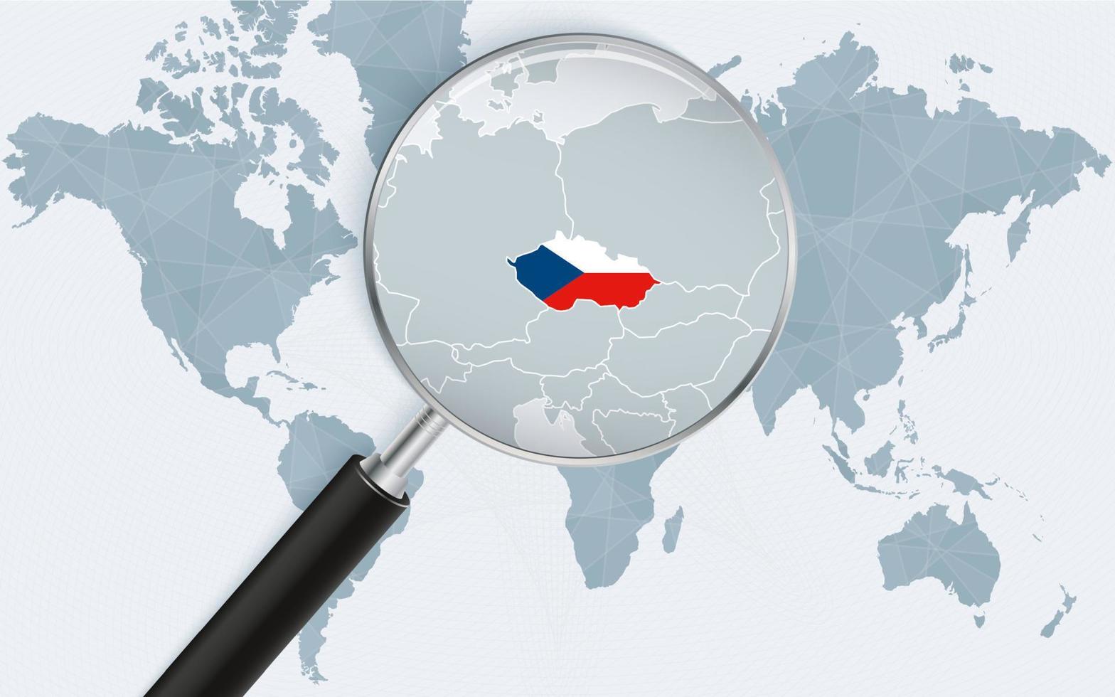 World map with a magnifying glass pointing at Czech Republic. Map of Czech Republic with the flag in the loop. vector