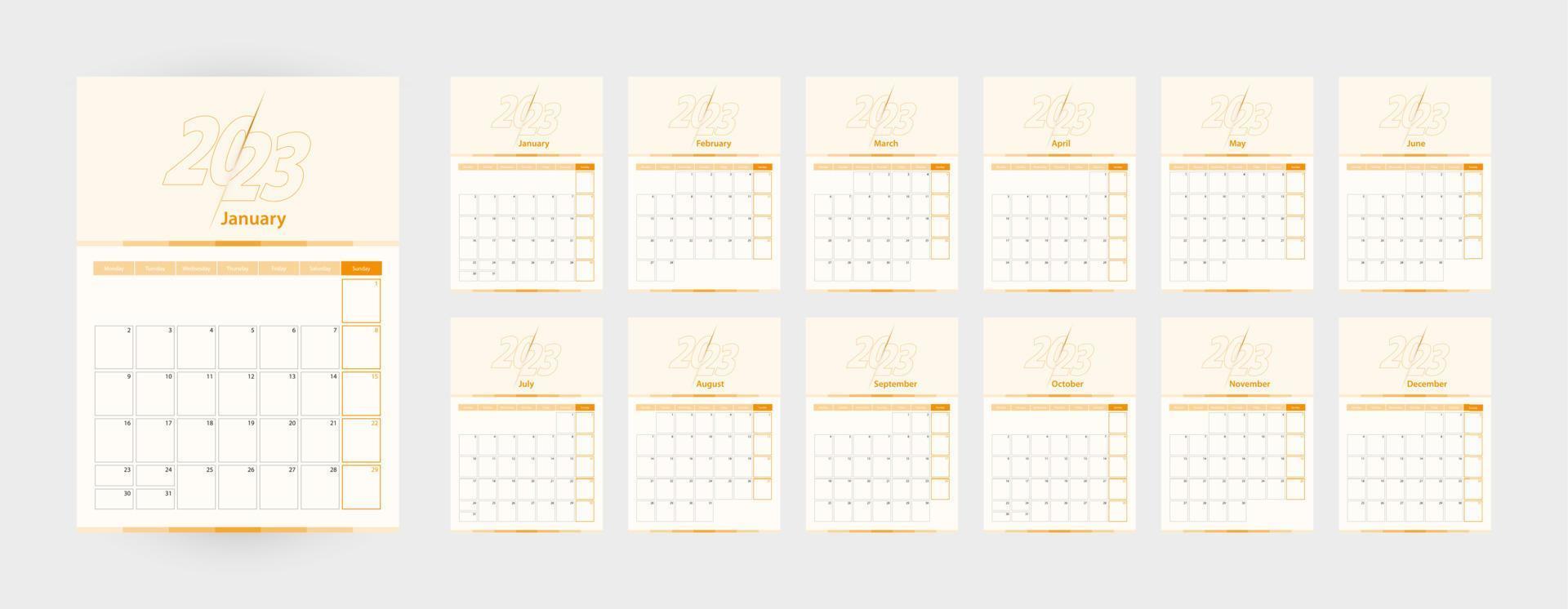 Modern vector vertical calendar for the year 2023, planner in English.