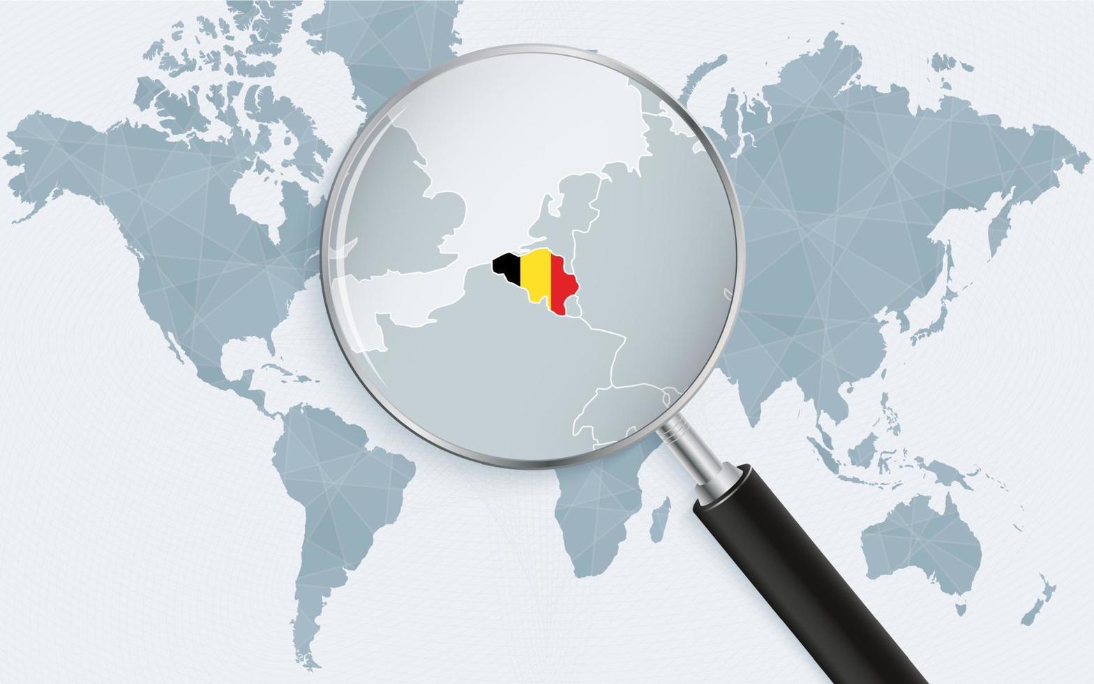 World map with a magnifying glass pointing at Belgium. Map of Belgium with the flag in the loop. vector