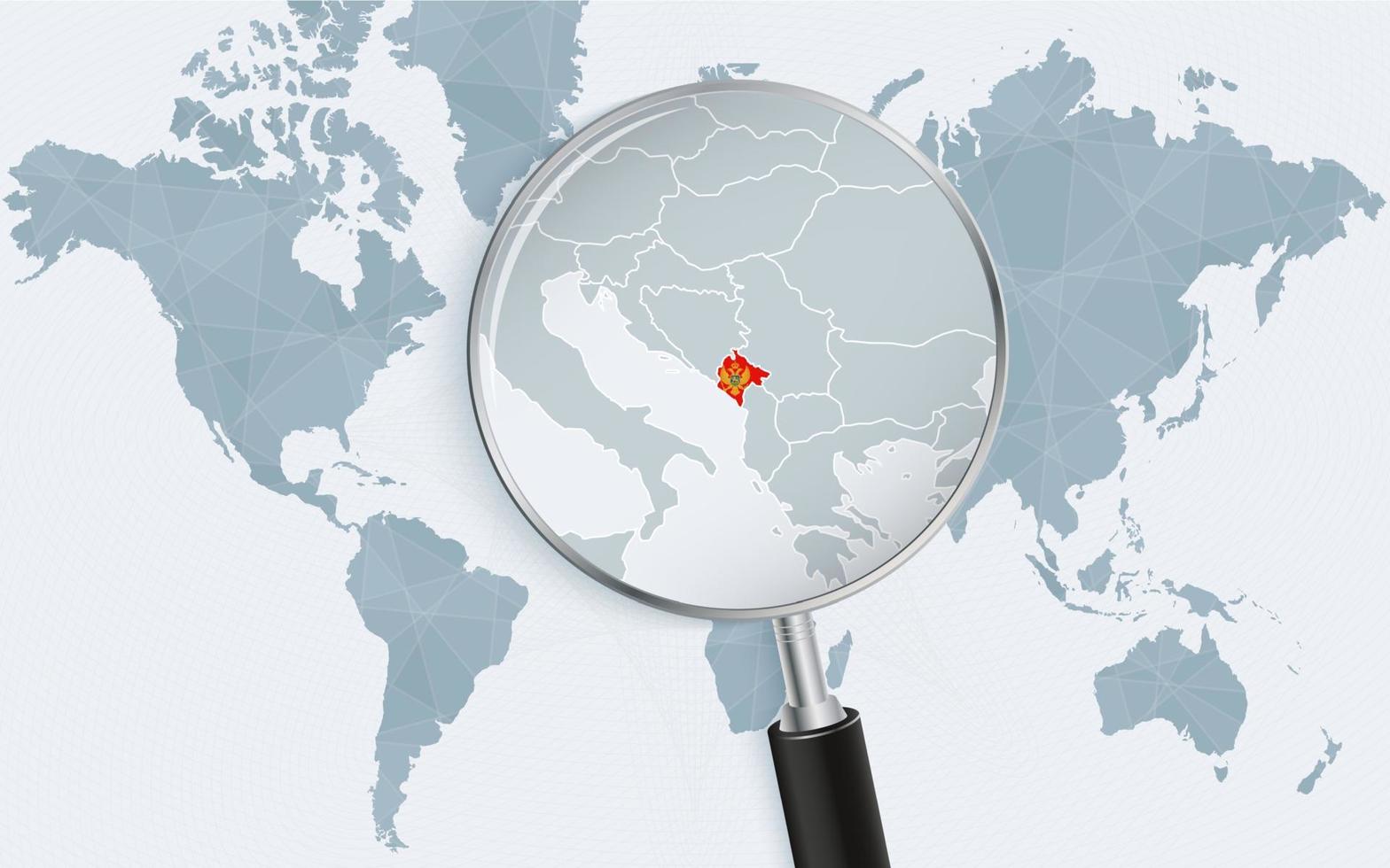 mapa del mundo con una lupa apuntando a montenegro. mapa de montenegro con la bandera en el bucle. vector