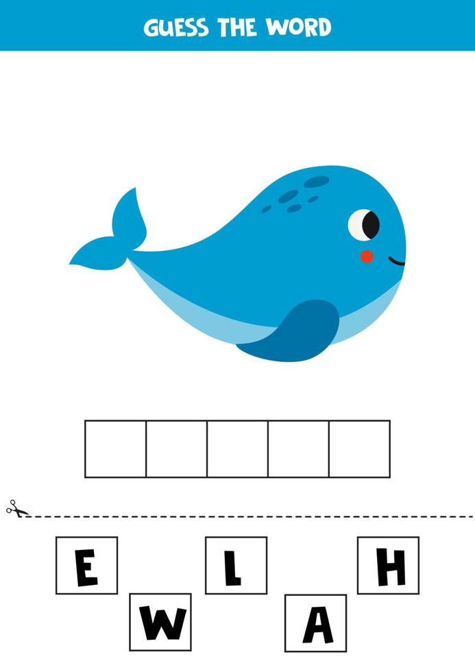 juego de ortografía para niños en edad preescolar. linda ballena de dibujos animados. vector