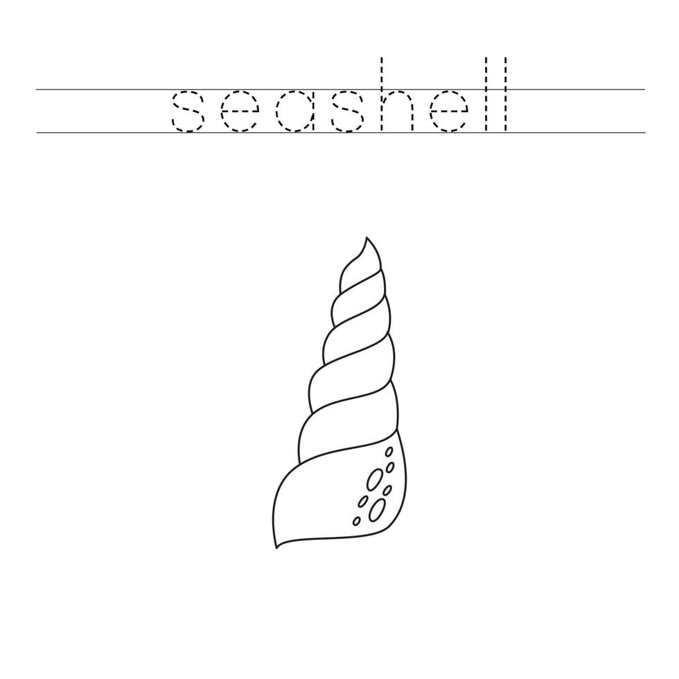 Trace the letters and color cartoon sea shell. Handwriting practice for kids. vector