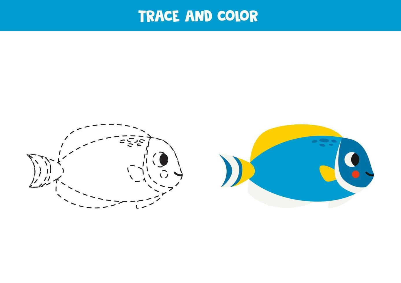 Trace and color cartoon cute fish. Worksheet for children. vector