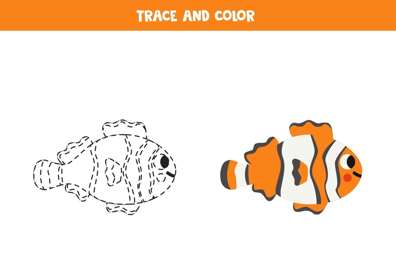 Trace and color cartoon cute clownfish. Worksheet for children. vector