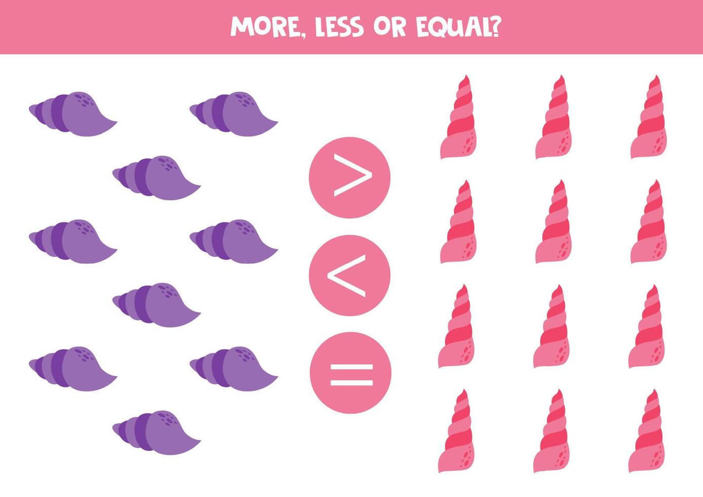 More, less or equal with cartoon seashells. vector