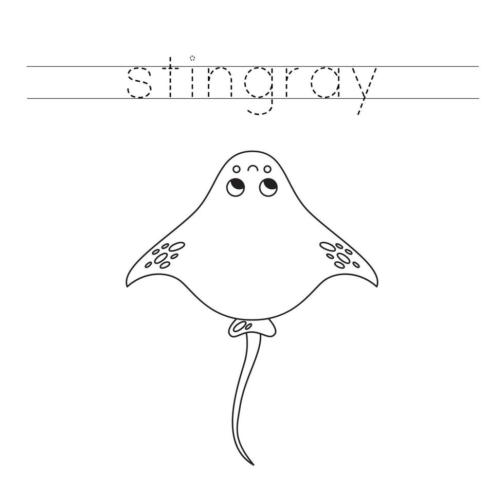 Trace the letters and color cartoon stingray. Handwriting practice for kids. vector