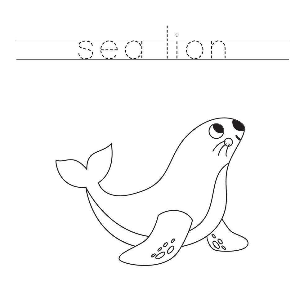 Traza las letras y colorea el león marino de dibujos animados. práctica de escritura a mano para niños. vector