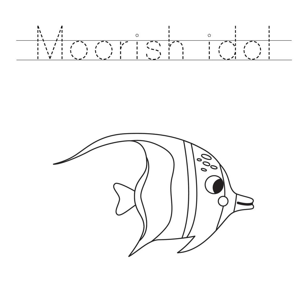 Trace the letters and color cartoon Moorish idol. Handwriting practice for kids. vector