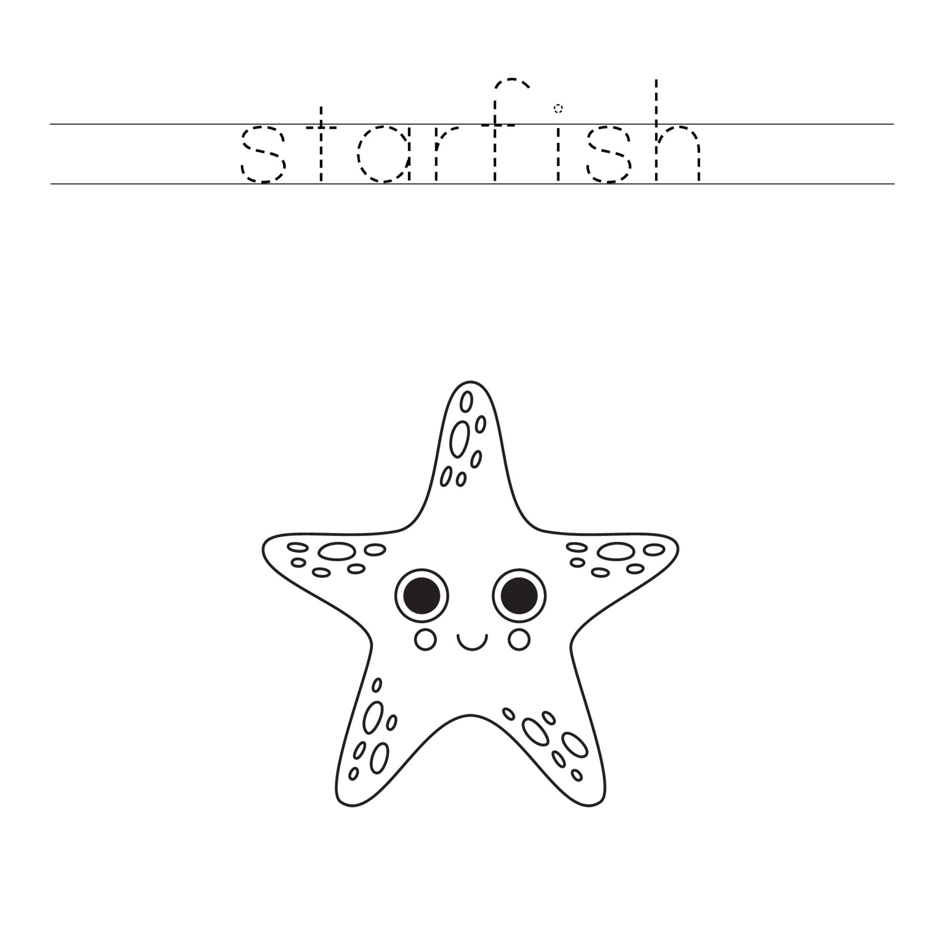 Trace the letters and color cartoon starfish. Handwriting practice for