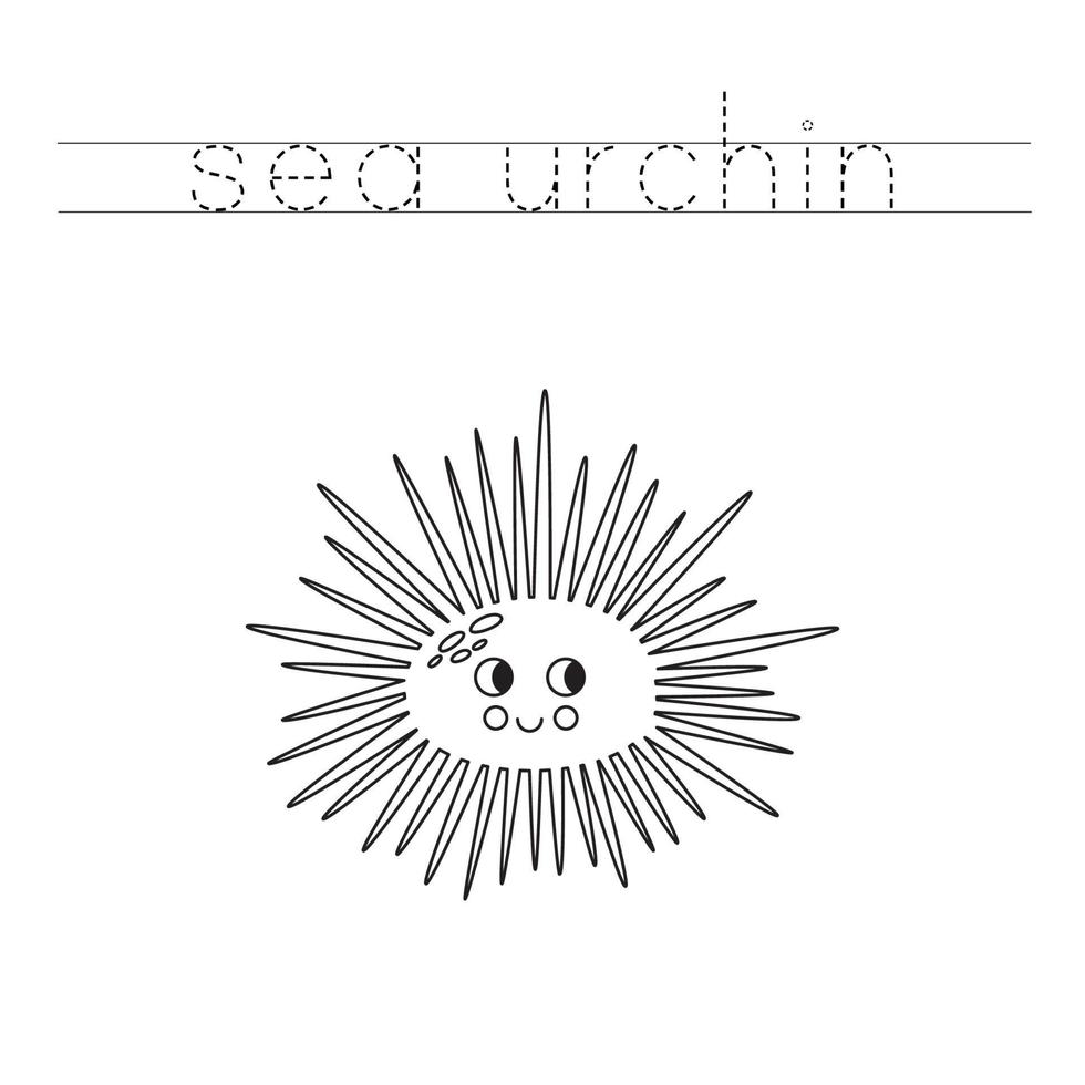 Trace the letters and color cartoon sea urchin. Handwriting practice for kids. vector