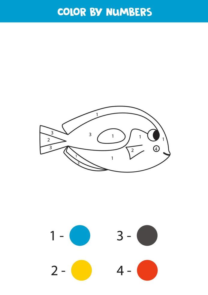 Color cute blue tang by numbers. Worksheet for kids. vector