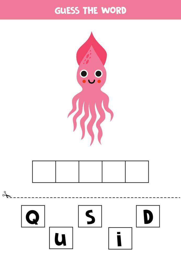 Spelling game for preschool kids. Cute cartoon pink squid. vector