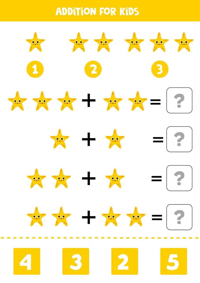 Addition for kids with cute yellow starfish. vector