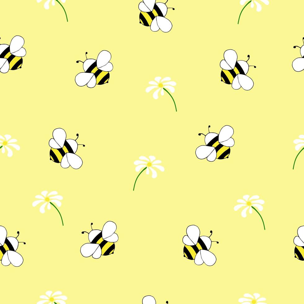 Vector seamless pattern with hand drawn honey bees and flowers