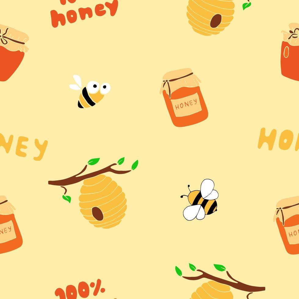 Honey seamless pattern in doodle style with a bee, honey spoon, beehive, and lettering vector