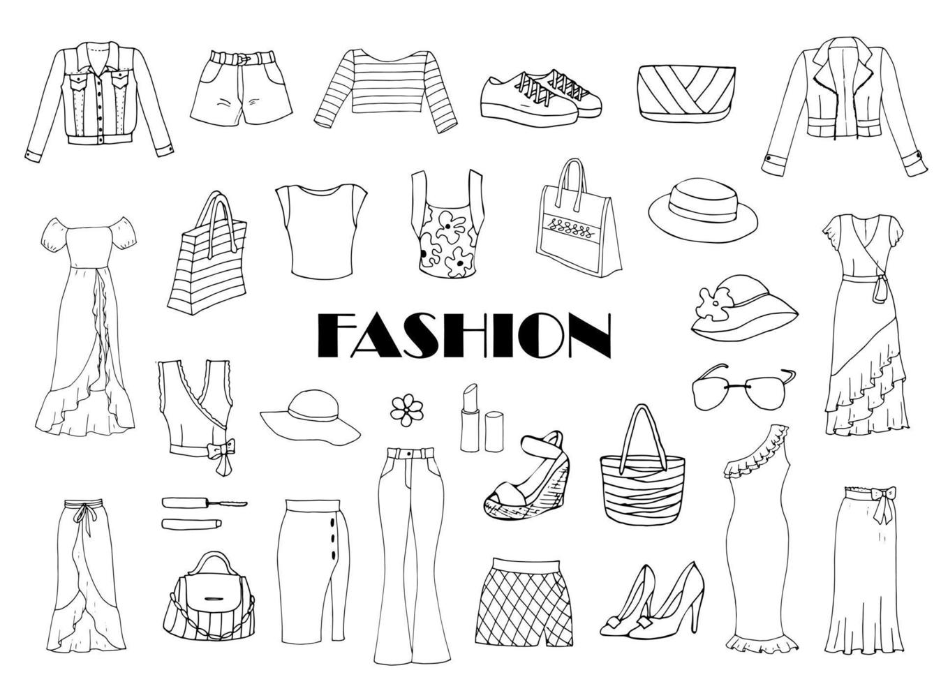 Vector hand-drawn fashionable women's clothes and accessories doodle on white background