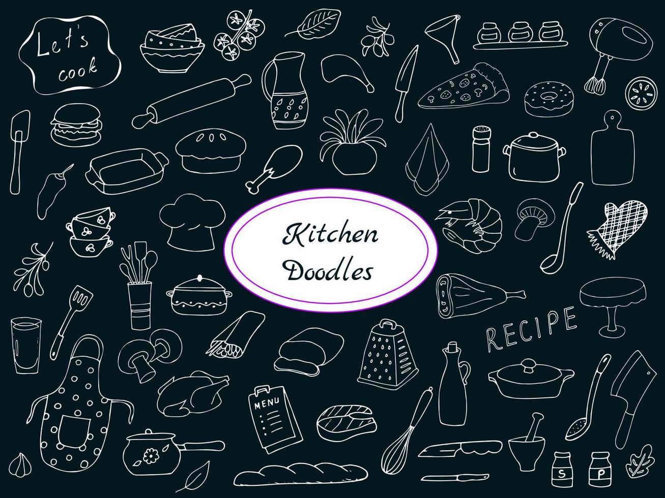 Hand-drawn kitchen doodle set on black background, kitchen utensil vector