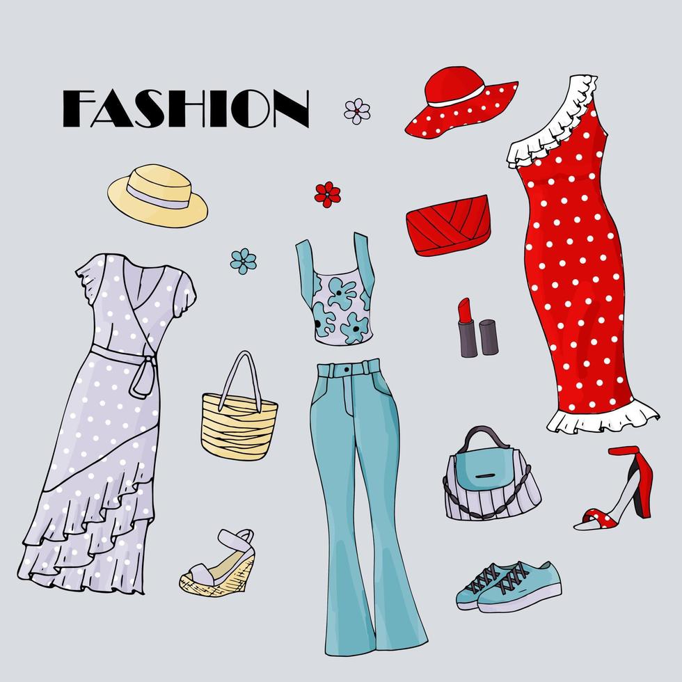 Vector set with hand-drawn colored doodles on the theme of fashion