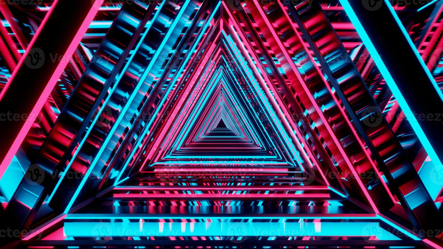 tecnología de marco de forma de triángulo azul y rojo colorido. túnel de triángulo de neón reflectante. líneas brillantes futuristas. ilustración 3d foto