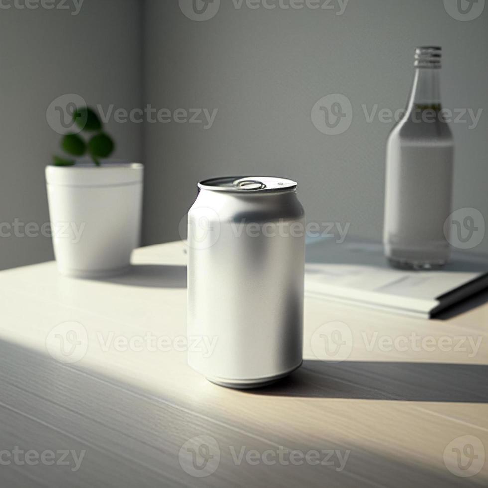 Aluminium white slim cans in silver with blank label. White Metal Aluminum Beverage Drink Can with no label for mockup. photo