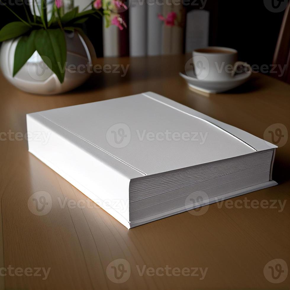 libro blanco con tapa en blanco sobre una mesa de madera. foto de la maqueta de la portada del libro.