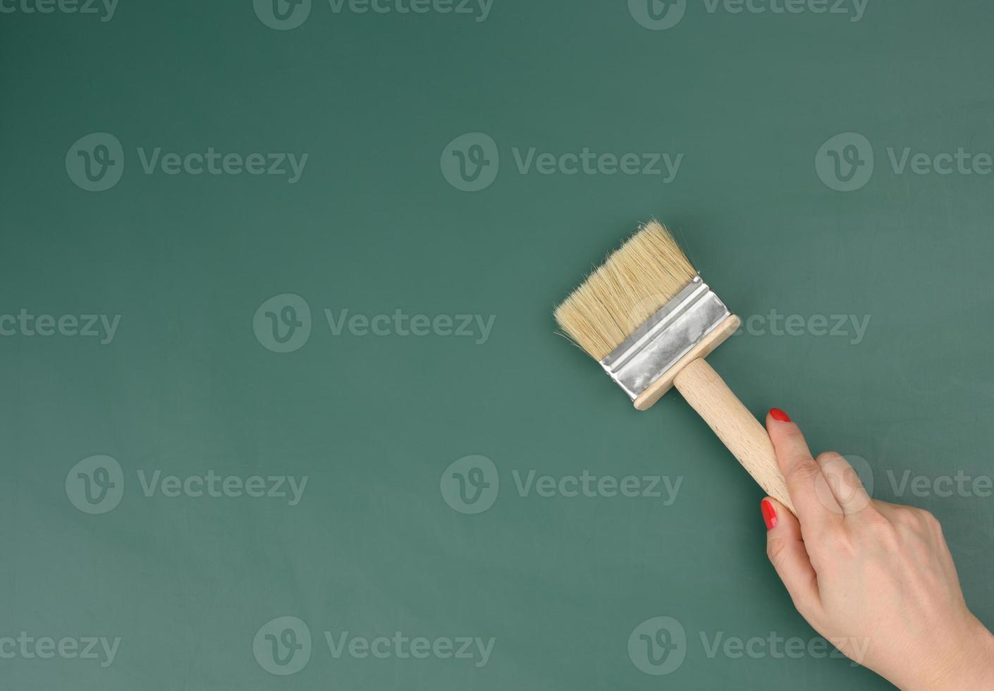 female hand hold new paint brush with wooden handle on a green background photo