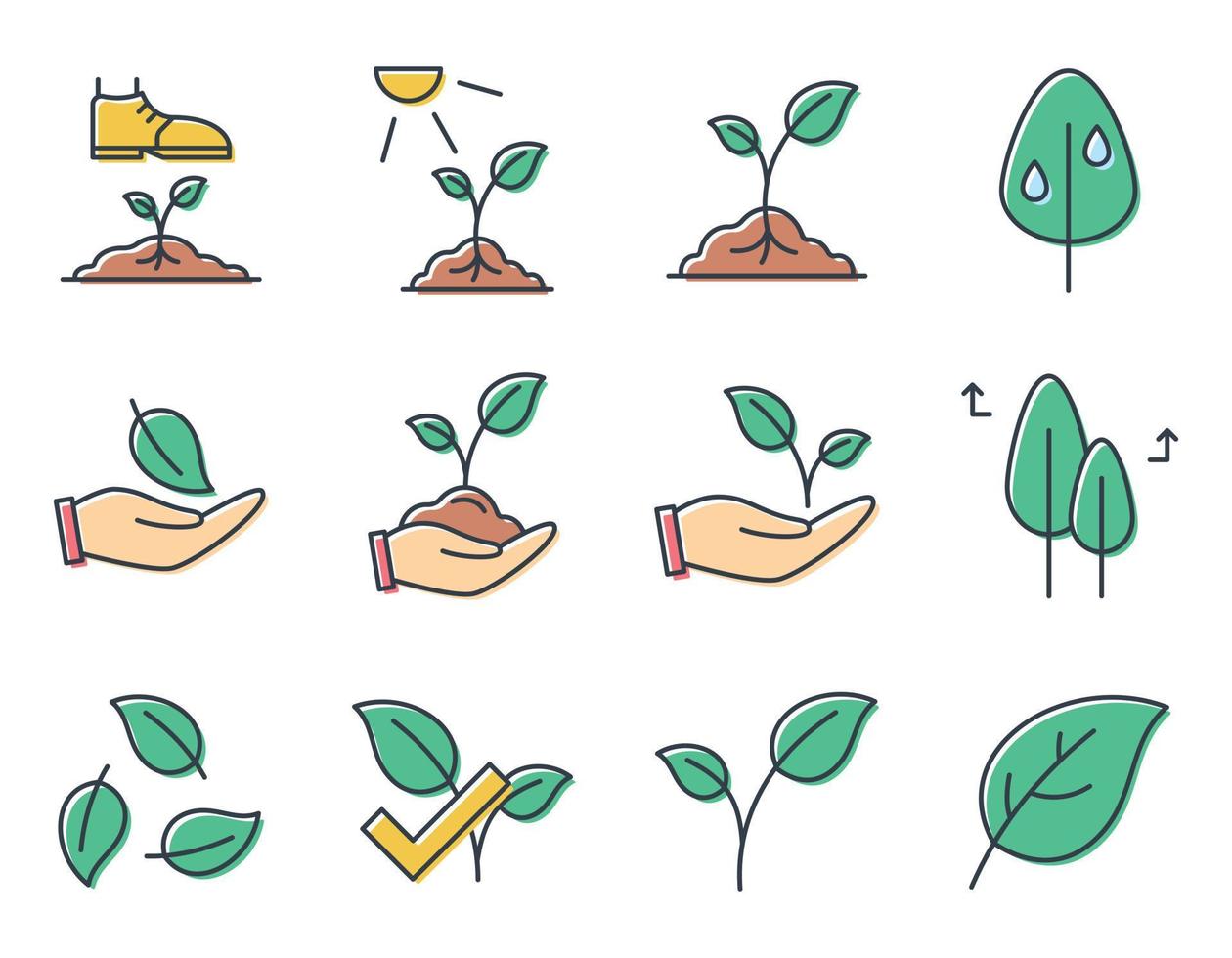 Set of simple vector icons, Twigs with Leaves. Growth and conservation of the environment.