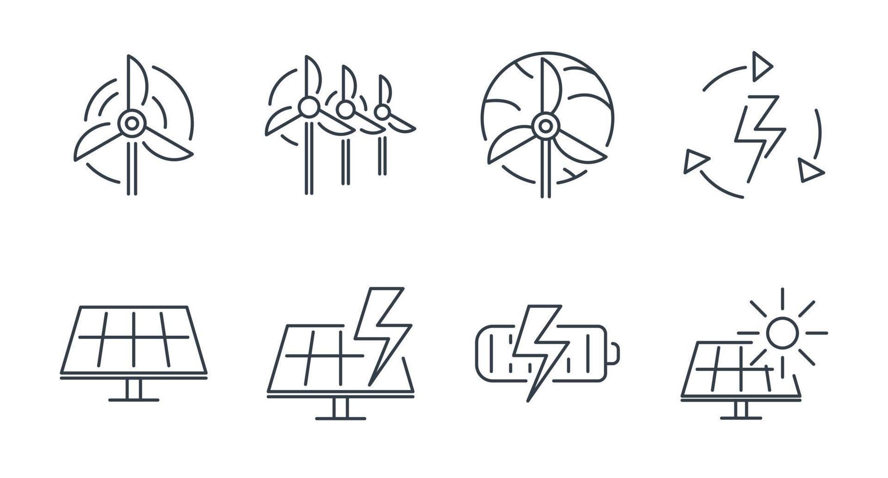 Set of vector isolated line icons, alternative energy sources, solar and wind generator.