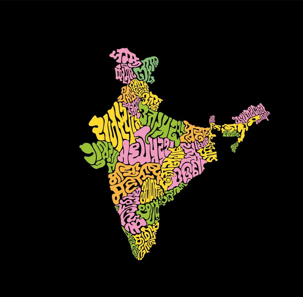 nombre de los estados indios escrito en doce idiomas de guiones indios en forma de mapa del estado. el concepto muestra una variación de los guiones de los idiomas indios. mapa de bharat que muestra la unidad de idiomas. imprimir vector