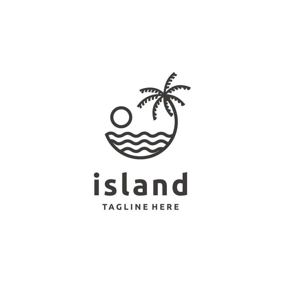 Minimalist palm sun and island beach logo design. Line art vintage retro vector icon illustration