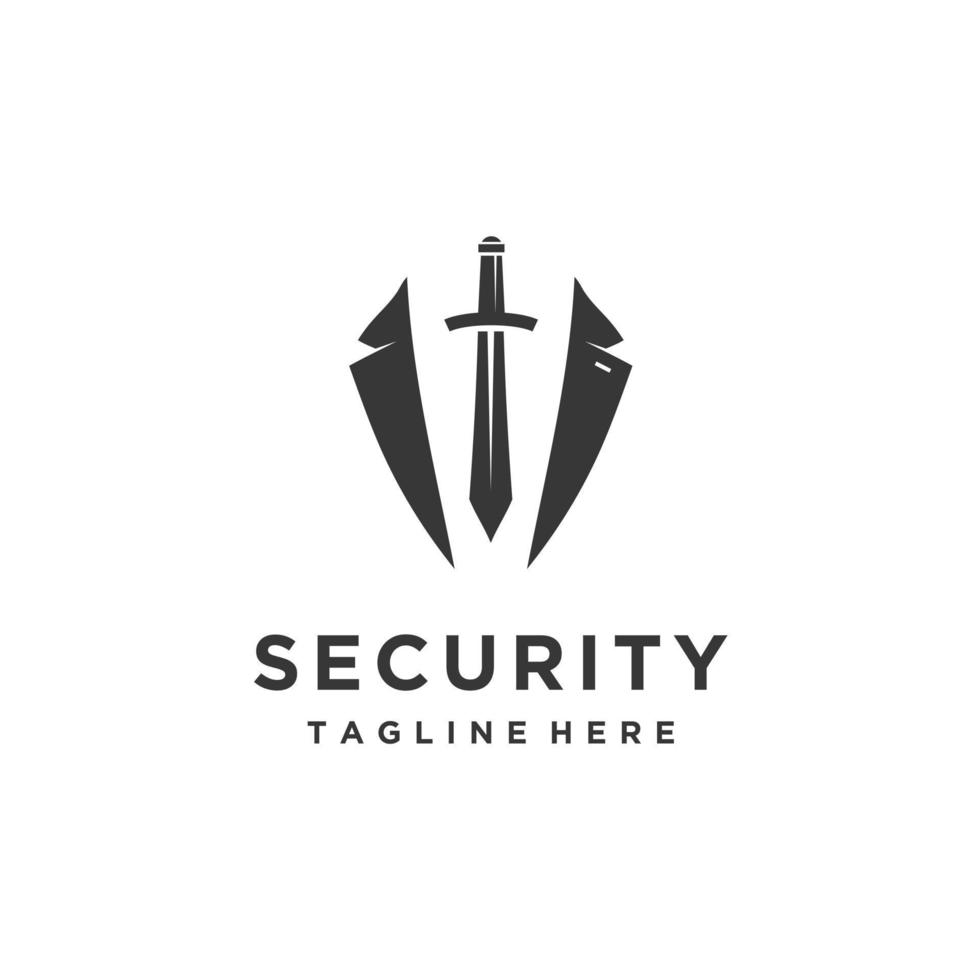 diseño de logotipo de guardaespaldas con una ilustración de seguridad de espada y esmoquin vector