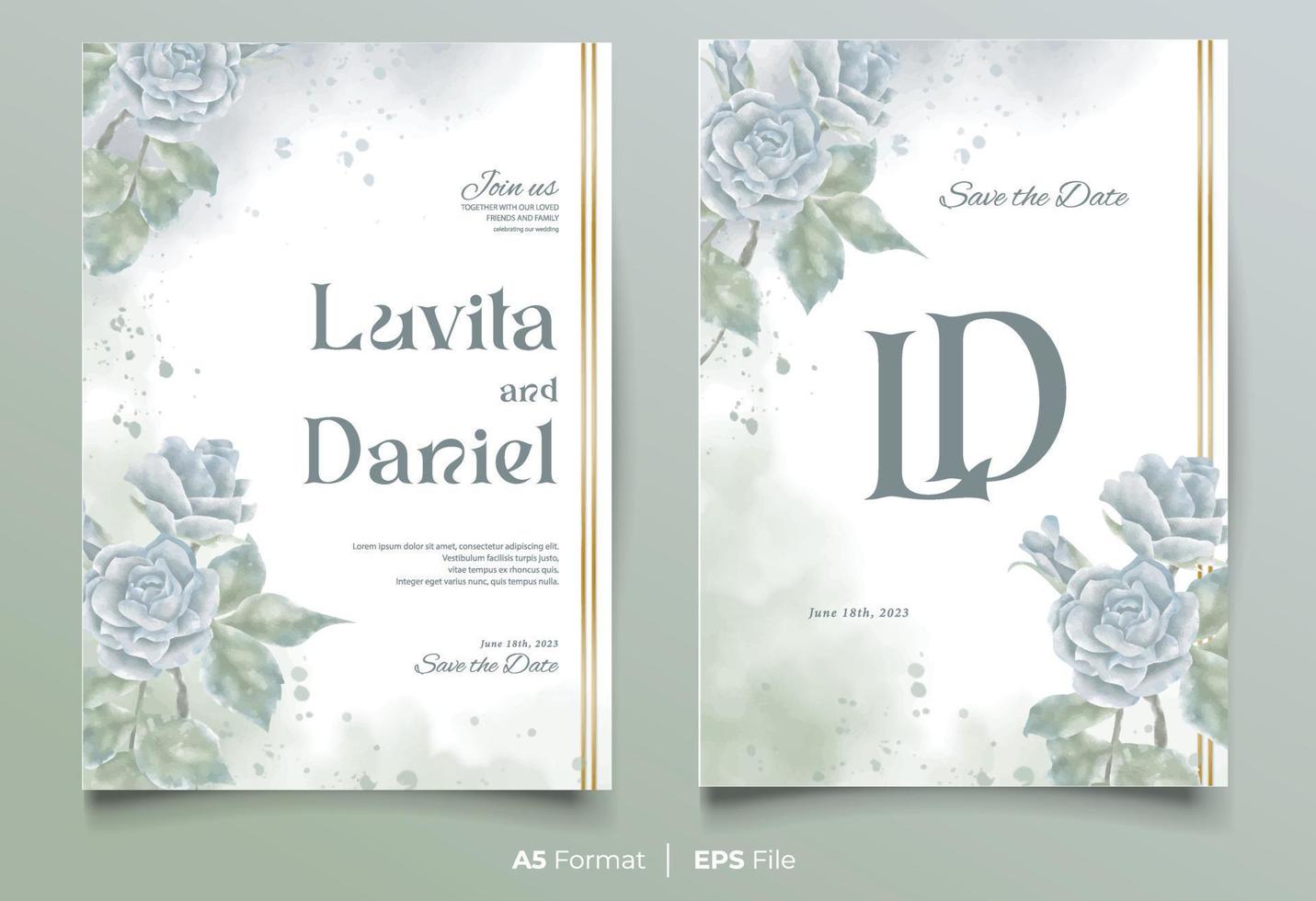 watercolor wedding invitation template with blue and green flower ornament vector