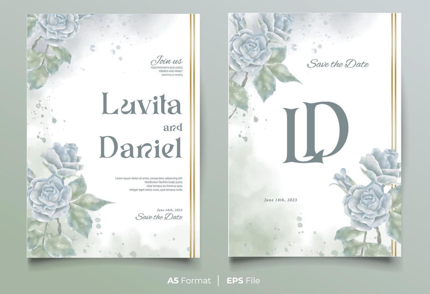 plantilla de invitación de boda de acuarela con adorno de flor azul y verde vector