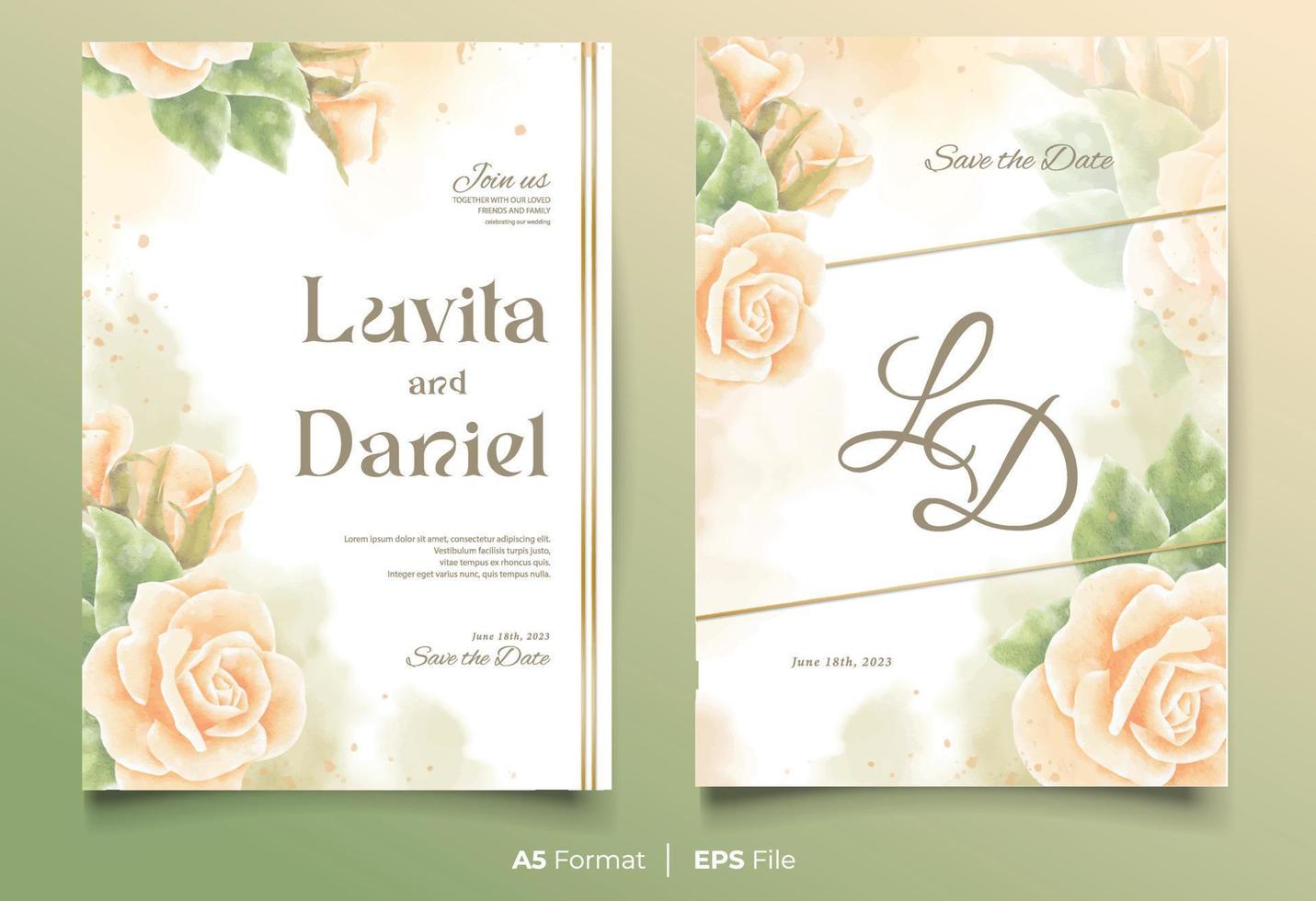 plantilla de invitación de boda de acuarela con adorno de flores amarillas y verdes vector