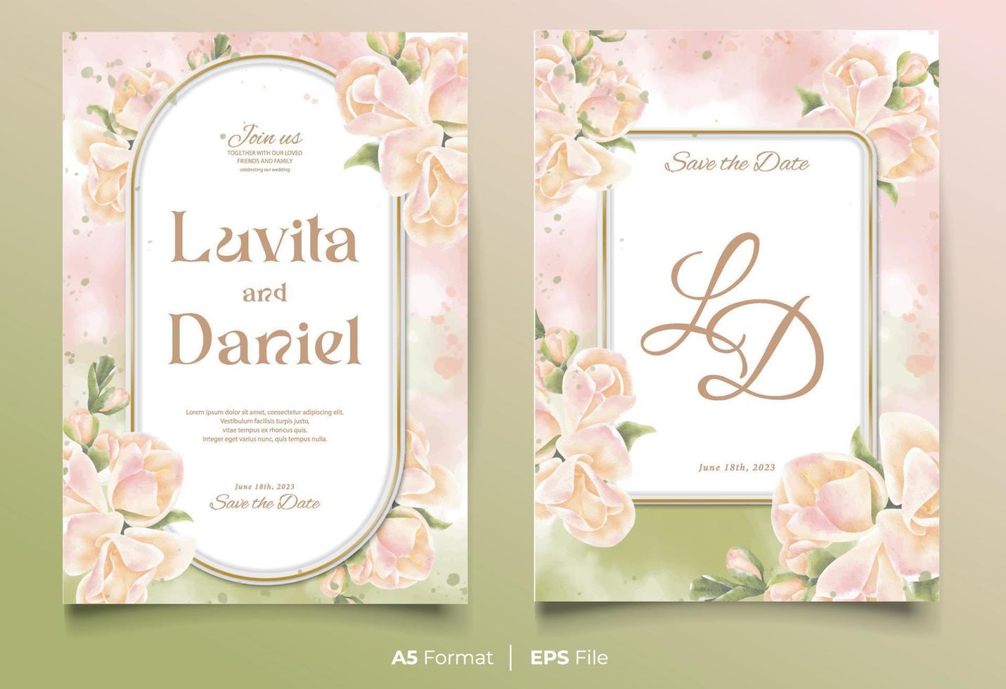 watercolor wedding invitation template with peach and green flower ornament vector