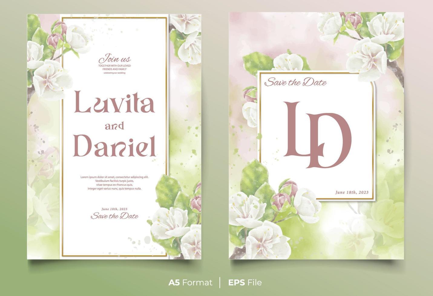 watercolor wedding invitation template with white and green flower ornament vector