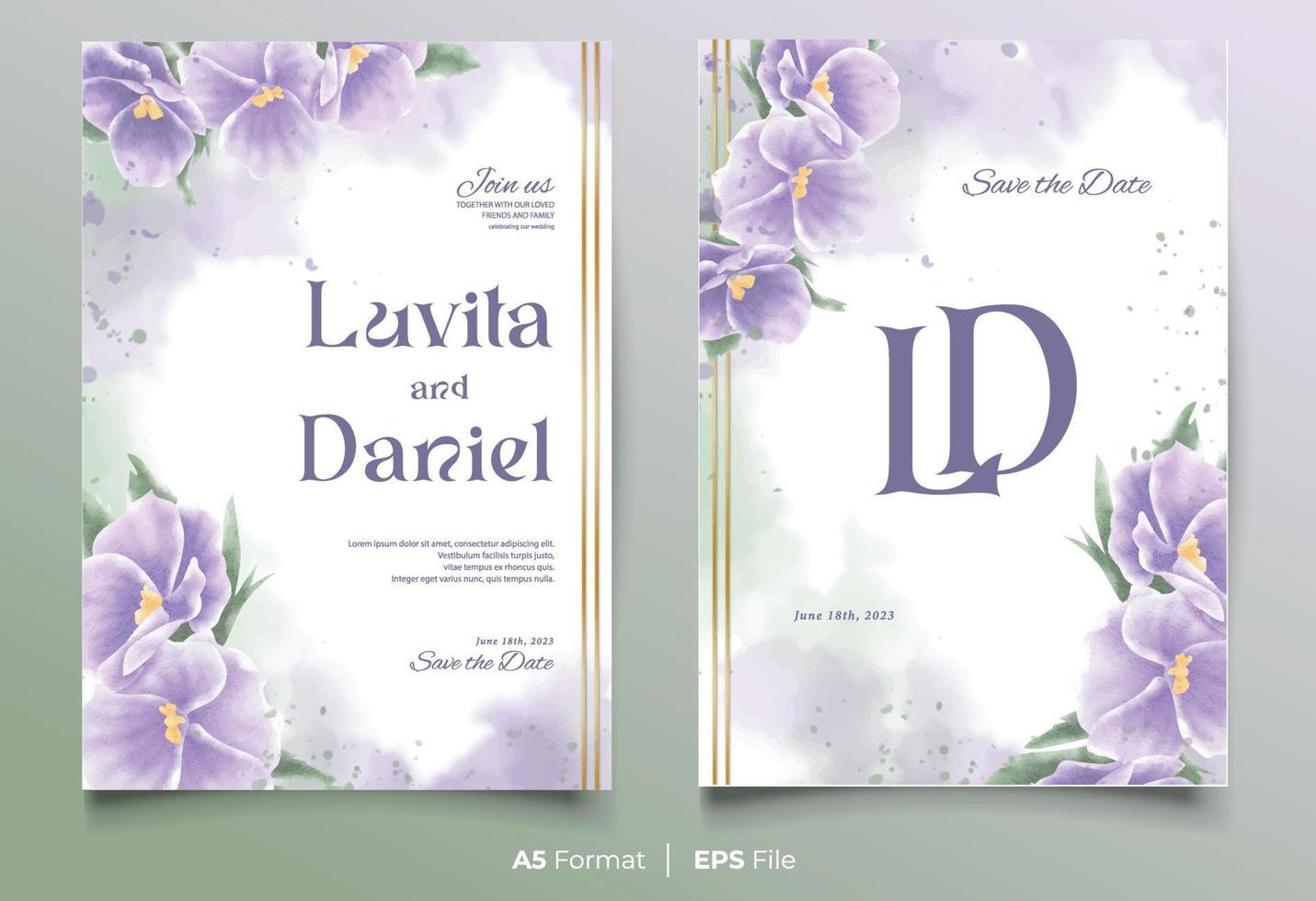 watercolor wedding invitation template with purple flower ornament vector