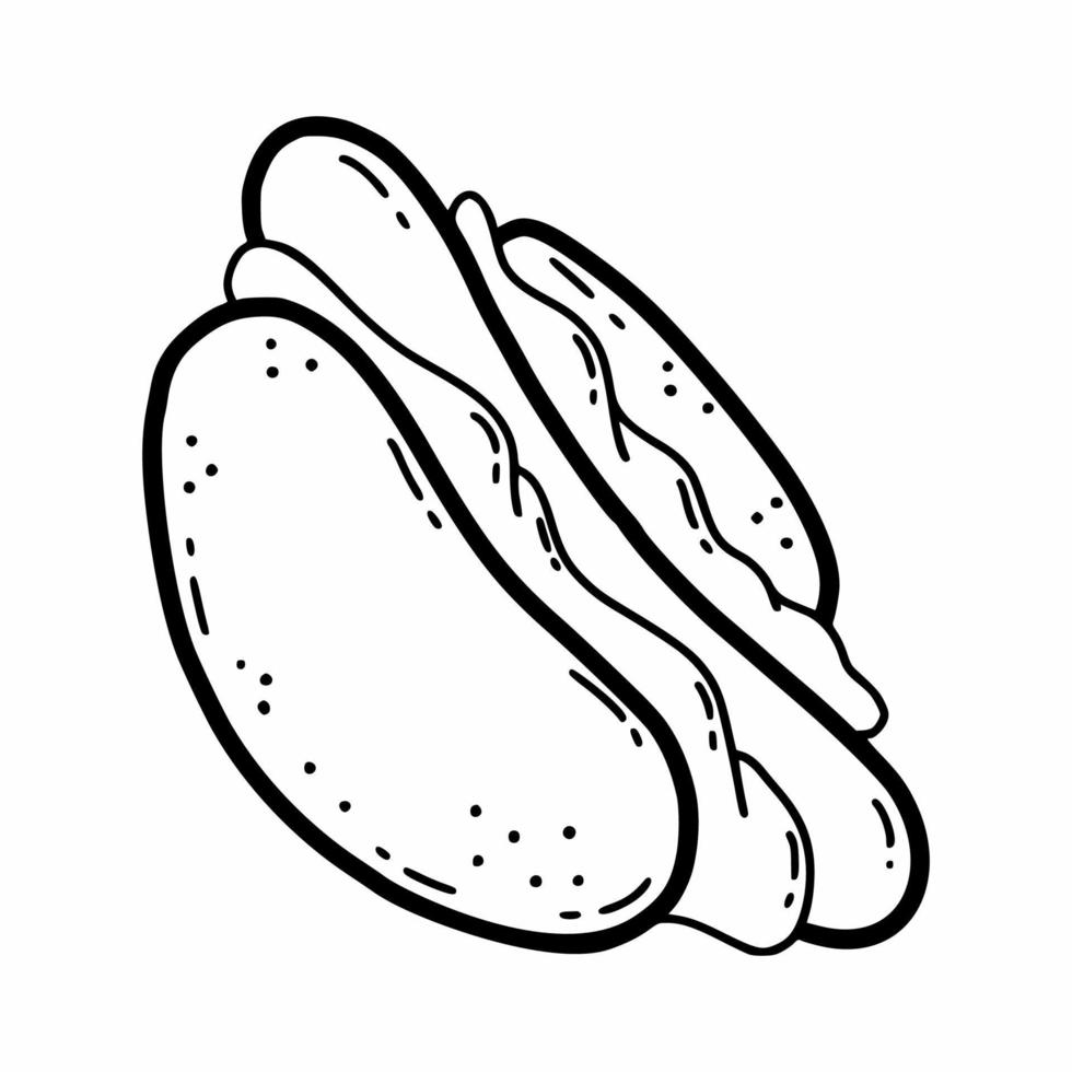 Hot dog on  white background. Vector doodle illustration. Menu decor element. Fast food.