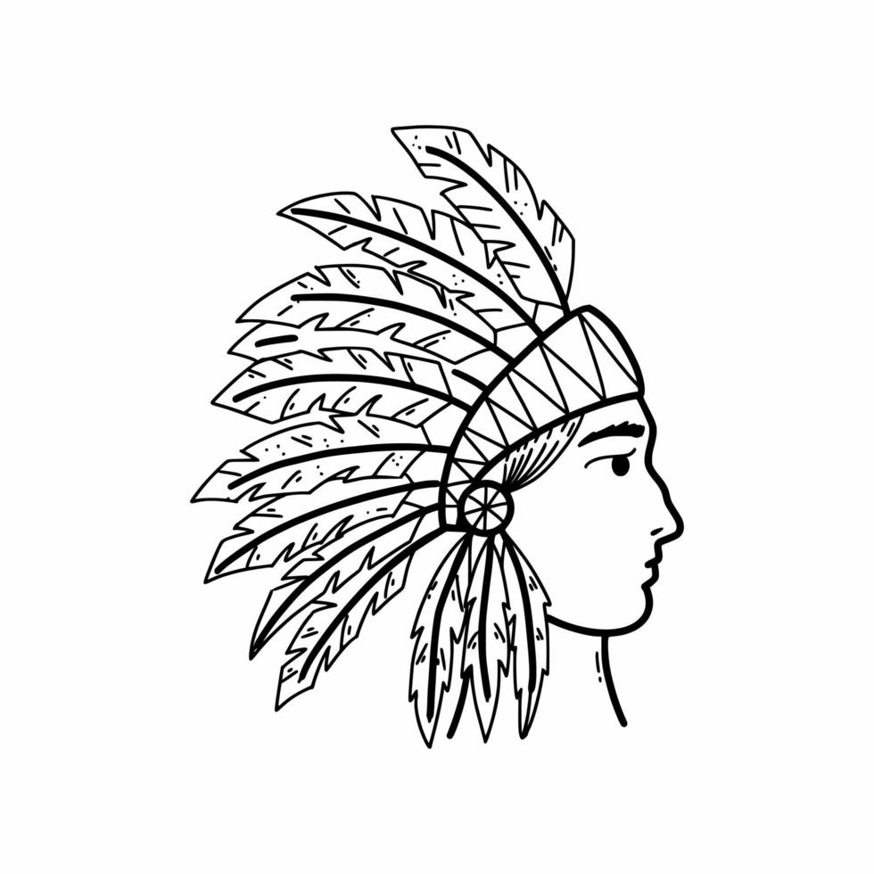 American Indian with feathers on his head. Vector doodle illustration. Icons.