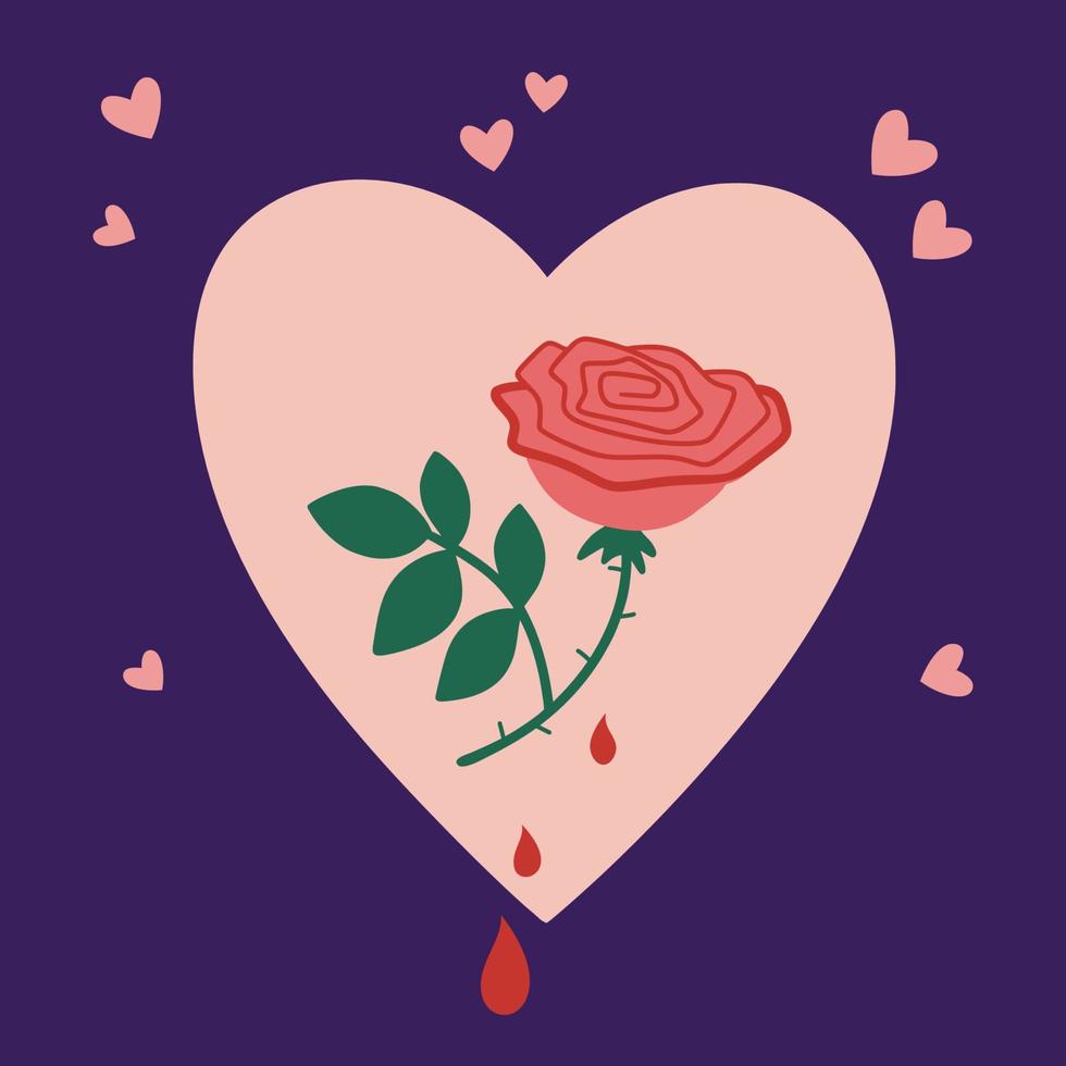 Sad Valentines Day greeting card. Valentine card. Conception of love. Wounded heart with a rose with thorns and drops of blood. Trends retro cartoon style. vector