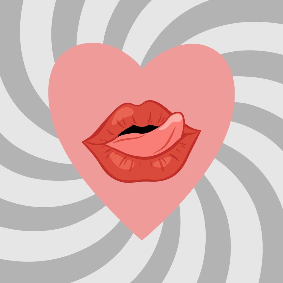 Passionate Valentines Day greeting card. Valentine card. Conception of love. Heart with inviting lips. Trends retro cartoon style. vector