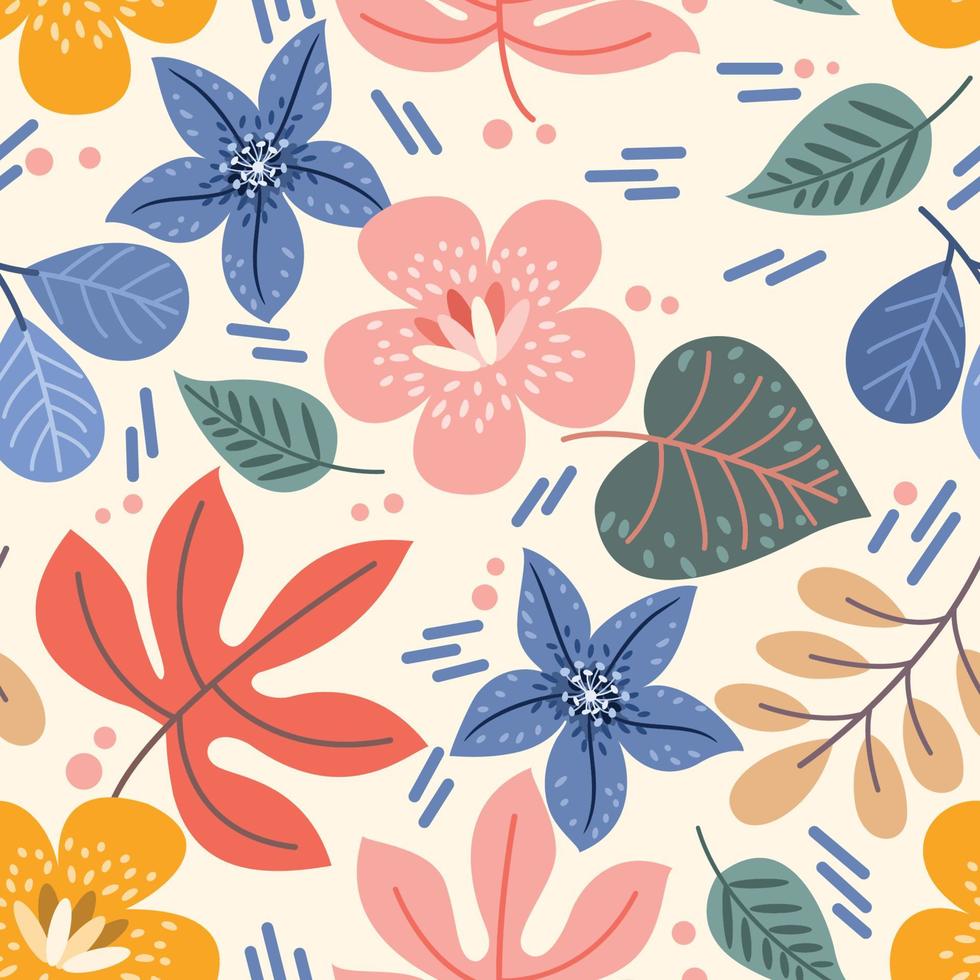 Colorful flowers and leaf seamless pattern. vector