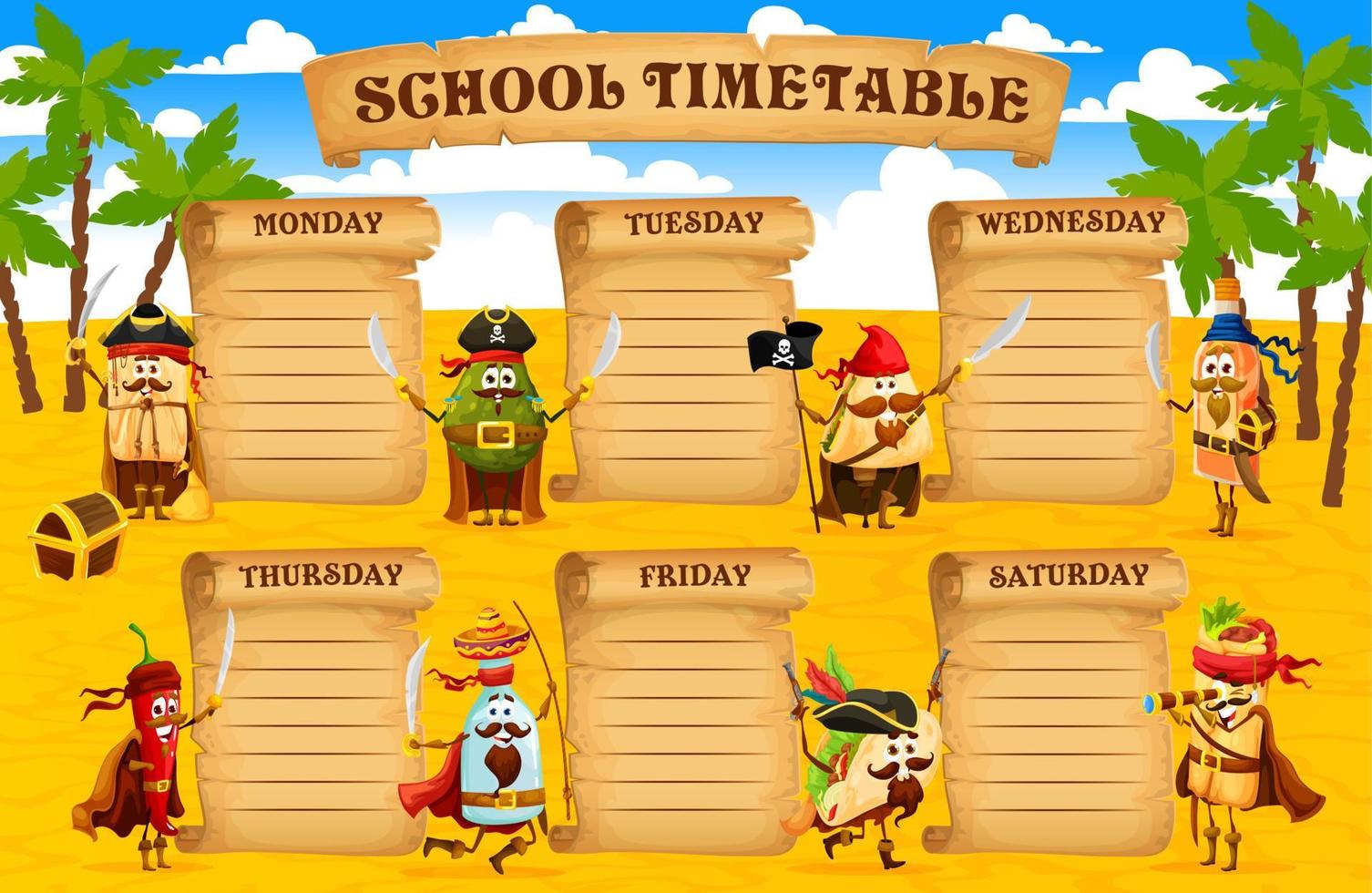 School timetable, cartoon mexican food characters vector