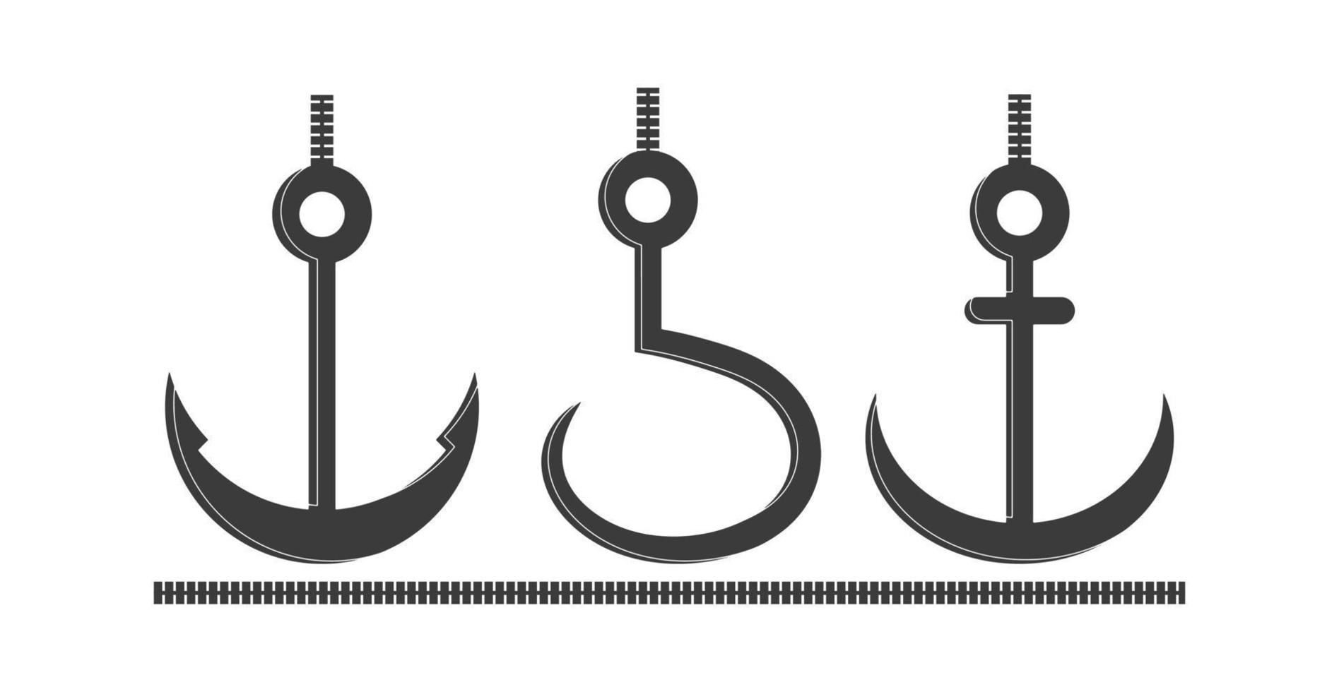 fishing hook and anchor silhoette illustration vector