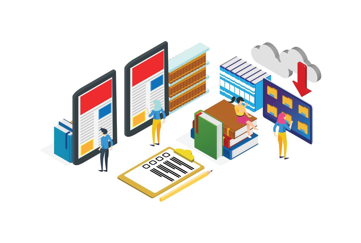 Modern Isometric Digital Library Illustration, Web Banners, Suitable for Diagrams, Infographics, Book Illustration, Game Asset, And Other Graphic Related Assets vector